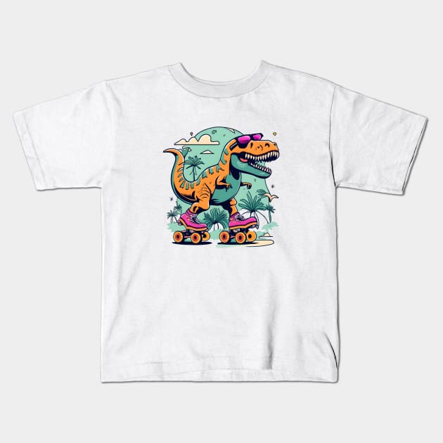 dino T rex skating Kids T-Shirt by Aldrvnd